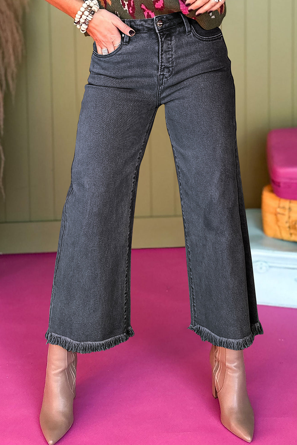 Black Acid Washed High Rise Cropped Wide Leg Jeans