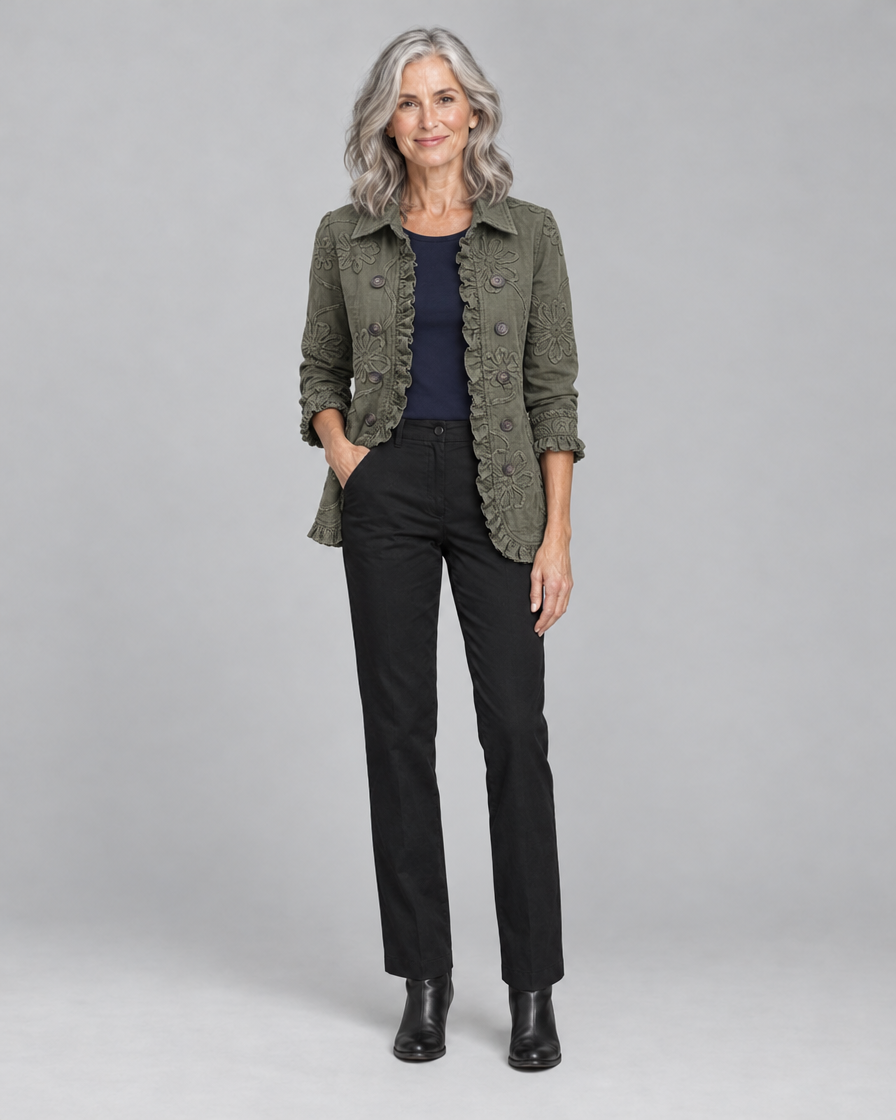 Kamberly™ | Boho-Chic Floral Embroidered Utility Ruffled Trim Jacket