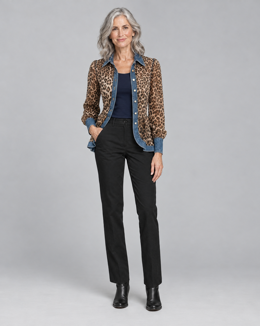Fablenne™ | Leopard Print Denim Panel Contrast Longline Jacket